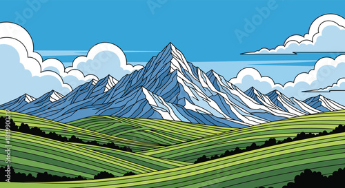 Stunning landscape depicts sharp blue mountain peaks above green rolling hills and valleys under a sky with large white clouds.