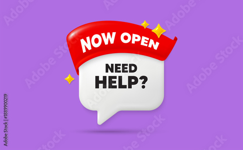 Need help chat speech bubble. Now open flag ribbon. Need help tag. Support service sign. Faq information symbol. 3d sparkle stars speech bubble. Vector