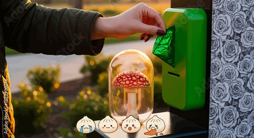 Person dispensing coins into a donation jar at an outdoor charity box