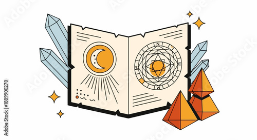 An open book displaying celestial diagrams surrounded by crystals and pyramids, depicting an astrological scene.