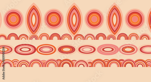 Vibrant geometric pattern featuring concentric circles and teardrop shapes in shades of orange and red, showcasing a dynamic and modern design
