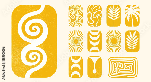 Vibrant yellow graphic illustrations of abstract designs and patterns on a rectangular layout, showcasing various shapes and forms, viewed from a straightforward perspective
