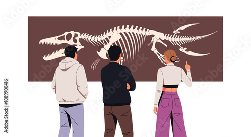 Three people observing a large dinosaur skeleton on a brown background wall in a museum setting from behind