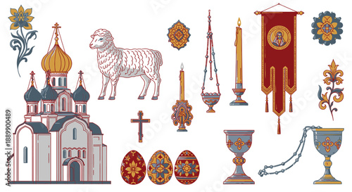 Orthodox Christian religious and symbols with church and lamb religion