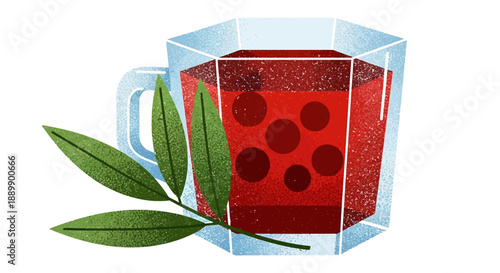 An illustration of a red drink with tea leaves in a glass mug viewed from the side
