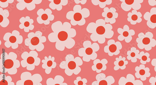 Vibrant floral seamless pattern with pink flowers on coral background, viewed from directly above, suitable for textile design, jan work reference