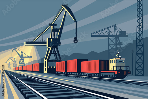 Shipyard Rail Crane Transport Illust