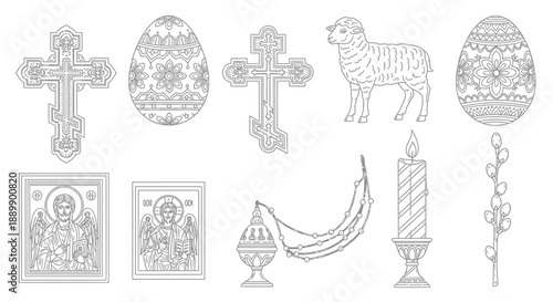 Orthodox Christian symbols and religious in black and white line cross lamb