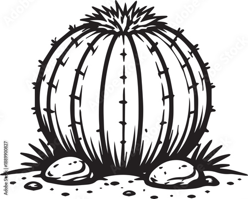 An intricate monochrome illustration of a solitary cactus, radiating resilience, thriving in a stark desert landscape and simplicity, embodying natural beauty.