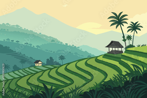 Serene Rice Terraces Morning Breeze Illust