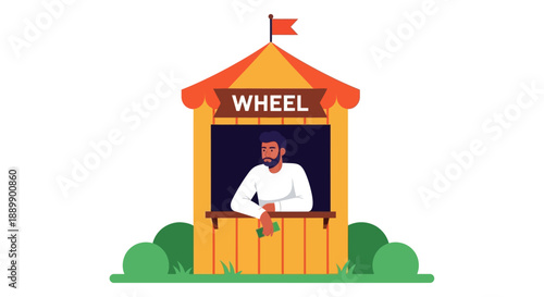 Man operating wheel game stall at outdoor carnival event from a front viewpoint