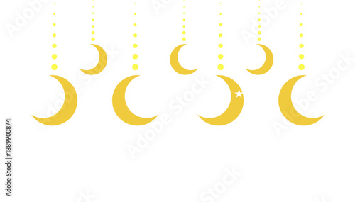 A series of golden crescent moons hanging from dotted strings against a plain white background, viewed from a straight-on perspective