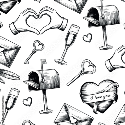 Create on Valentines day seamless pattern with heart hands, mailbox, envelope, champagne glasses, heart, shaped key and lock. Message I love you. Sketch style heart with ribbon. Engraving style 