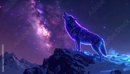Wallpaper Mural Mystical Wolf Howling at the Cosmic Night Sky, Illuminated by Celestial Light. Torontodigital.ca