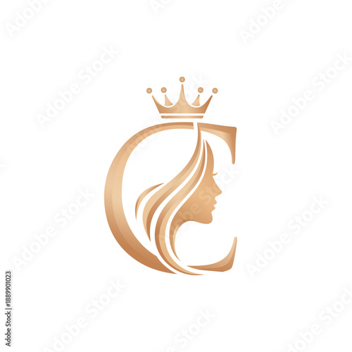 Elegant C letter logo with crown and womans face silhouette.