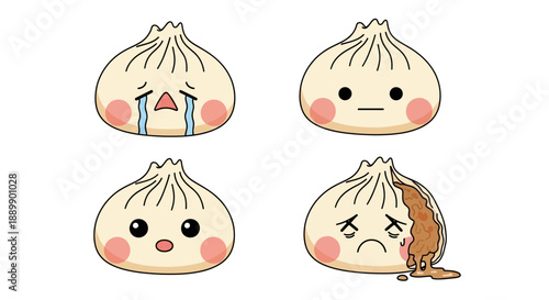 Various dumplings expressing different emotions on a clean white background from a straightforward viewpoint