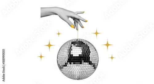 Hand holding disco ball surrounded by stars in celebration