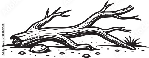 A detailed grayscale illustration of a weathered, textured log resting on sandy terrain, conveying a sense of age and the passage of time.