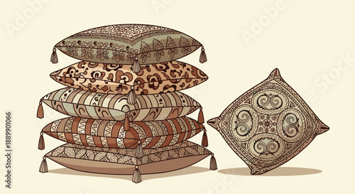 Collection of five patterned throw pillows in a stack next to a single decorative square cushion with an intricate mandala design.