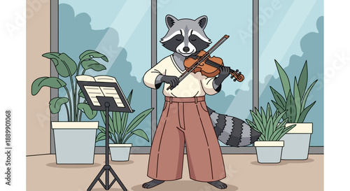 Raccoon playing violin in a room with plants and sheet music standing near a window
