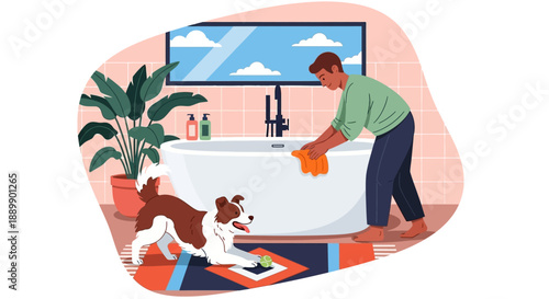 Man cleaning bathroom with dog standing nearby in a modern home environment