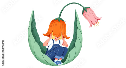 A young girl sitting inside a large flower, surrounded by green leaves, in a whimsical illustration from an aerial viewpoint