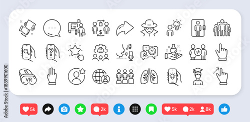 Electric app, International recruitment and Group people line icons pack. Social media: share, comment, like icons. Equity, Touchscreen gesture, Elevator web icon. Vector