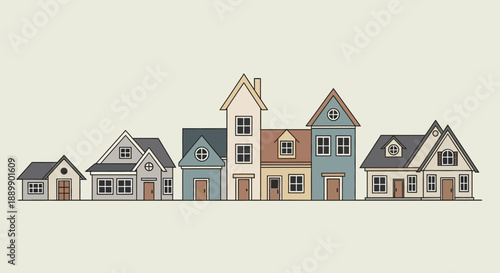 Illustrative depiction of diverse house facades against a neutral backdrop showcasing property