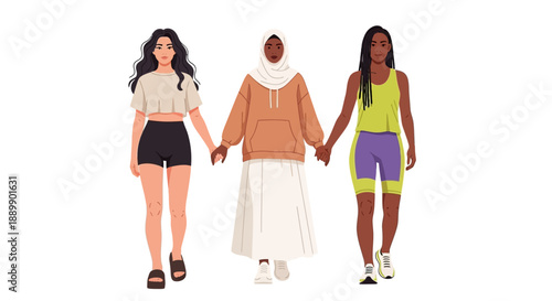 Diverse women holding hands together in solidarity and friendship, standing side by side in a gesture of unity and support