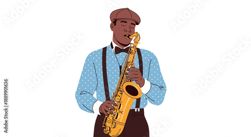 Man playing saxophone illustration, front view, music performance, artistic depiction, musical instrument