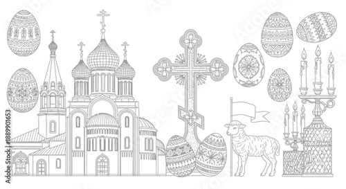 Orthodox church with crosses and decorated eggs in black and white church architecture