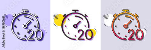 Timer 20 minutes line icon. Halftone dotted pattern. Gradient icon with grain shadow. Stopwatch time sign. Countdown clock symbol. Line timer icon. Various designs. Vector