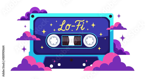 Vibrant illustration of a Lo-Fi cassette tape surrounded by whimsical purple clouds and stars on a blue background with a relaxed atmosphere