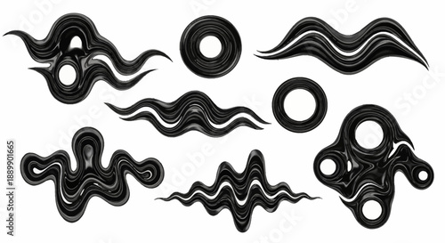 Monochrome Fluid Art: Abstract Expressions in Glossy Black Waves and Circular Motifs Isolated