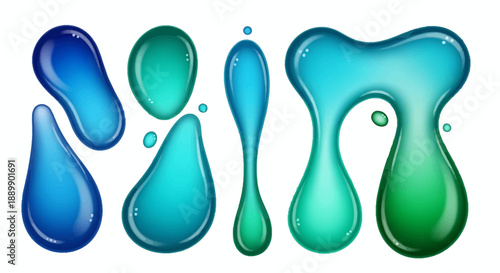 Aesthetic collection of glistening liquid drops with dynamic color gradients and sleek shapes