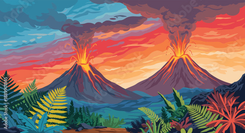 Dramatic tropical scene shows two active volcanoes erupting at sunset with smoke and lava against a colorful sky with ferns.