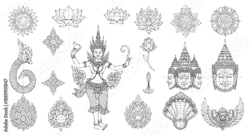 Intricate black and white of a mythical figure surrounded by symbolic detailed