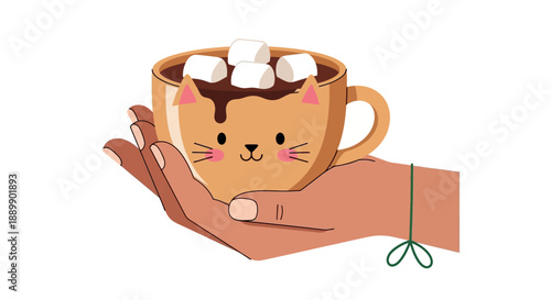 Hand holding a cat-shaped mug filled with marshmallows and hot chocolate
