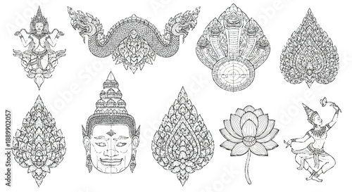 Intricate black and white of mythological figures and symbols