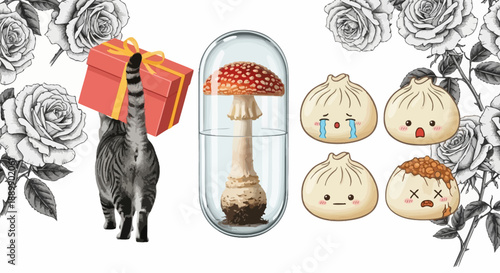 A cartoon raccoon dog holding a gift stands beside a jar containing a mushroom and anthropomorphic dumplings.