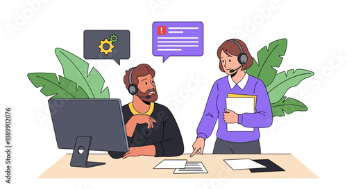 Two customer service representatives collaborating at a desk with computer and documents in a modern office environment from a slightly elevated viewpoint