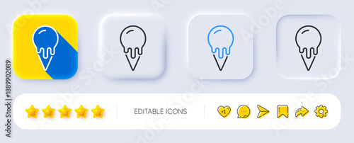 Ice cream cone line icon. Neumorphic, Flat shadow, 3d buttons. Vanilla sundae waffle cone sign. Frozen summer dessert symbol. Line ice cream icon. Social media icons. Vector