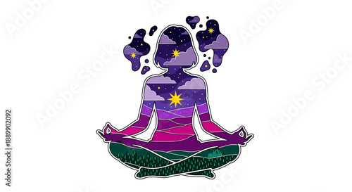 Illustration of a person meditating with purple energy and stars, embodying spirituality and inner peace