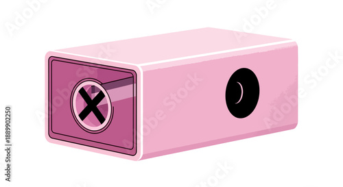 A pink rectangular device with a prominent black X and circular button, viewed from a slight angle.