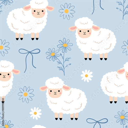 Seamless pattern with cute fluffy sheep, delicate daisies and bow in a flat hand-drawn style on a soft blue background for baby blankets, newborn apparel, and children's bedroom textiles.
