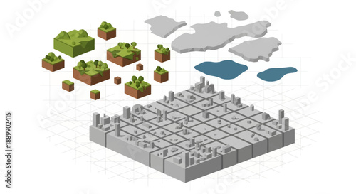 Urban planning with green spaces and bodies of water