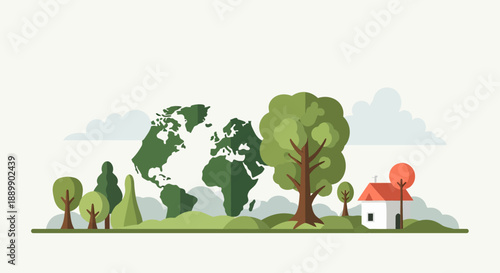 Eco friendly world landscape with house and trees