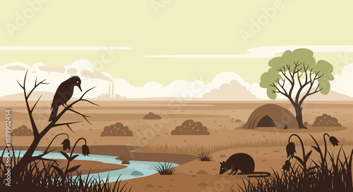 Desert landscape with polluted environment and wildlife