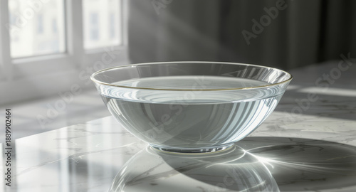 Clear glass bowl with water on marble surface with sunlight