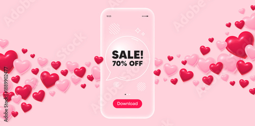 Sale glass mobile phone. 3d hearts pink background. Sale 70 percent off discount. Promotion price offer sign. Retail badge symbol. Transparent speech bubble banner. Flying hearts. Vector